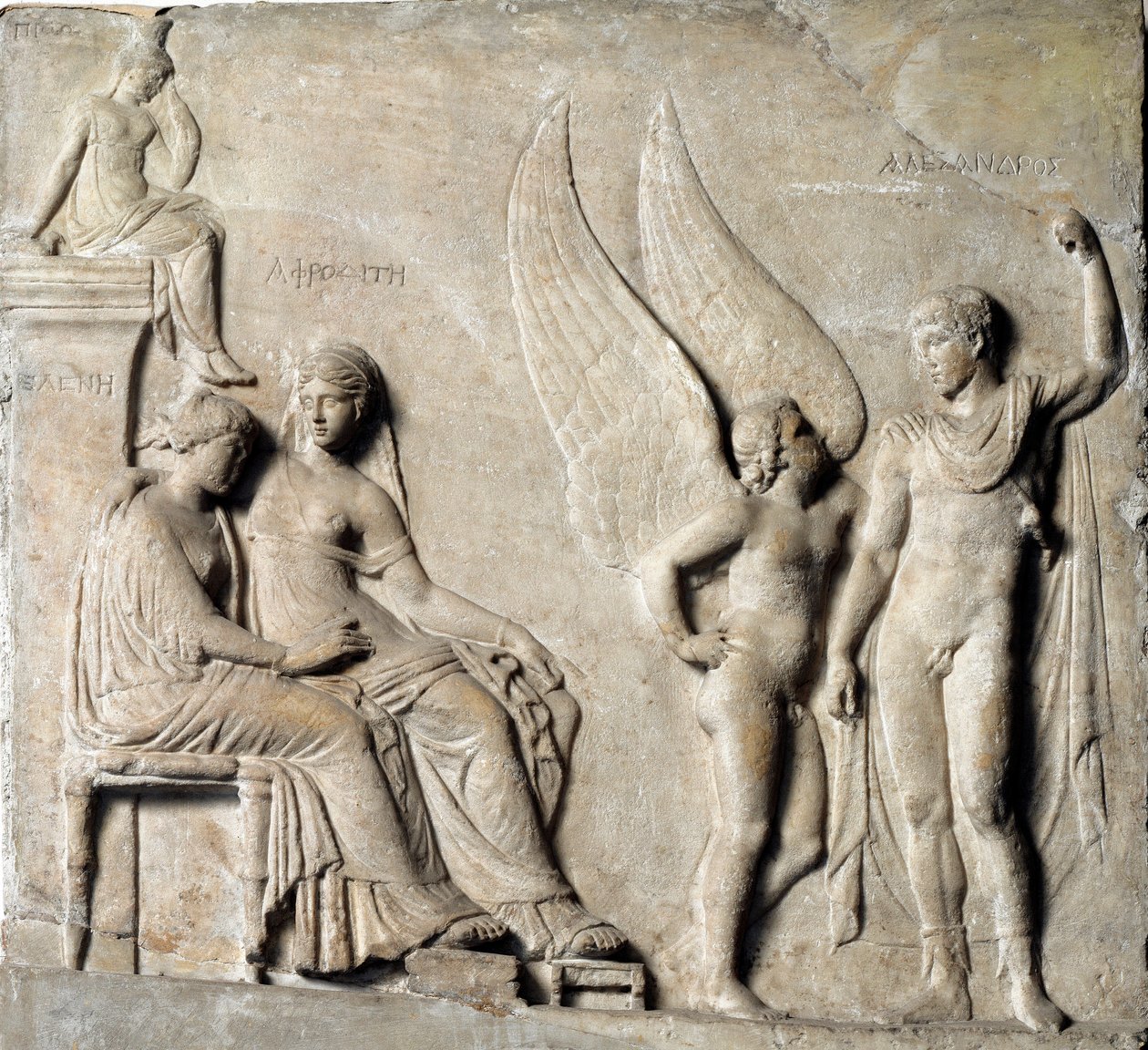 Kreikkalainen taide: "" Parisin Spartan prinssi seduit Troijalaisen Helene, Aphrodite on edustettuna""" Marmorireliefi kreikkalaisesta alkuperäiskappaleesta. 1. vuosisadalla eaa. Museo Archeologico Nazionale, Napoli - Pariisi, Spartan prinssi ja Troijan He tekijältä Greek