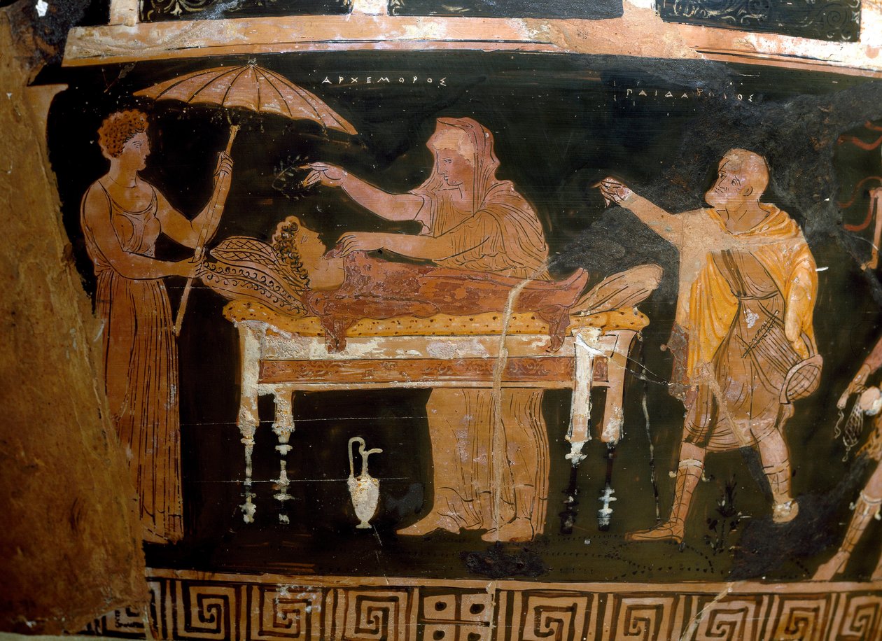 Kreikkalainen taide: Arhemoren maljakko: Arhemoren hautajaiset (Opheltes) Dareioksen taidemaalarin maalaus. Ruvosta. 4. vuosisadalla eaa. Kansallinen arkeologinen museo, Napoli tekijältä Greek