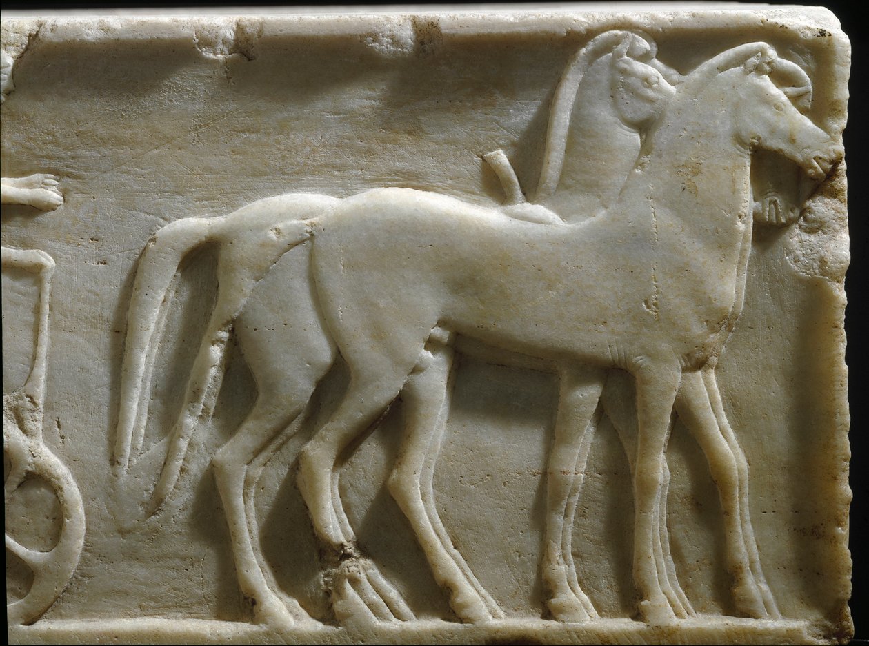 Kreikkalainen taide: "" quadrigen hevoset"" Yksityiskohta kouroksen (nuoren miehen patsaan) pohjasta. Marmorinen helpotus. 490 eaa. Athenes, kansallinen arkeologinen museo tekijältä Greek