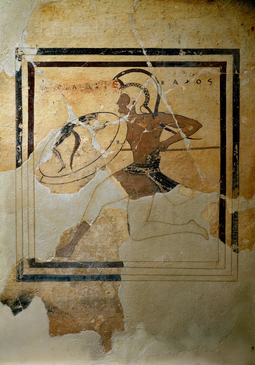 Kreikkalainen taide: terrakotta "pynaksi (votiivitaulu), joka edustaa hopliittia täydessä rodussa""" 520-510 eKr. Aurinko. h. 65,5 cm Athenes, Akropolis-museo (inv. 67) tekijältä Greek