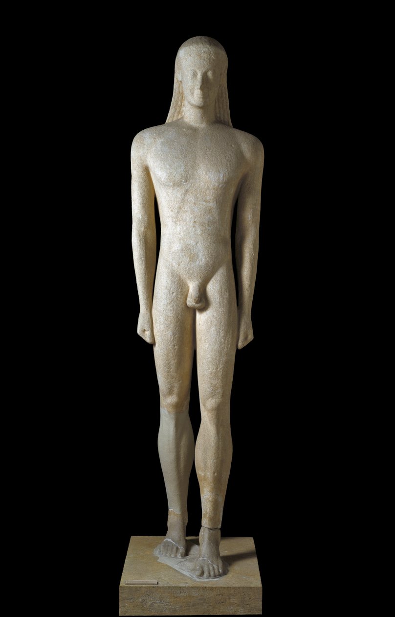 Kreikkalainen taide: Kouroksen patsas, arkaaisen ajan (650-500 eKr.) nuoren miehen veistos, 530-520 eKr., From Melos, Dim. 1,94 m - Athenes, Kansallinen arkeologinen museo - Kouros - Arkaainen kreikkalainen veistos (650-500 eKr.), Meloksesta, 530-520 eKr.  tekijältä Greek