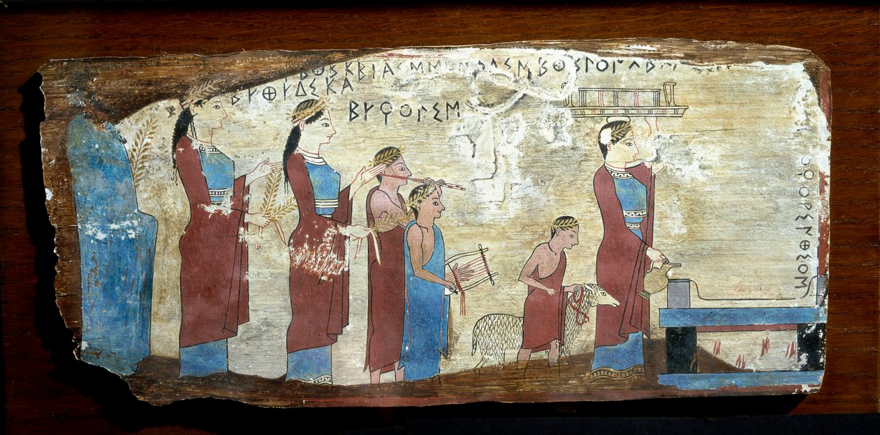 Kreikkalainen antiquitis: karitsan uhraus. Puumaali Sicyonista Korintinlahdella. 6. vuosisadalla eaa. Athenes, kansallinen arkeologinen museo tekijältä Greek