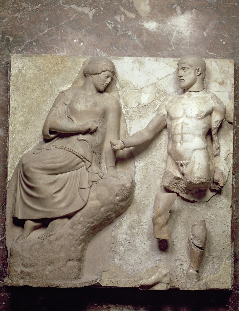Hercules ja Minerva, yksi metooppisarjasta, joka kuvaa Herkuleen työtä Zeuksen temppelistä Olympiassa, varhaisklassinen aika, noin 470-457 eKr. (parian marmori) tekijältä Greek