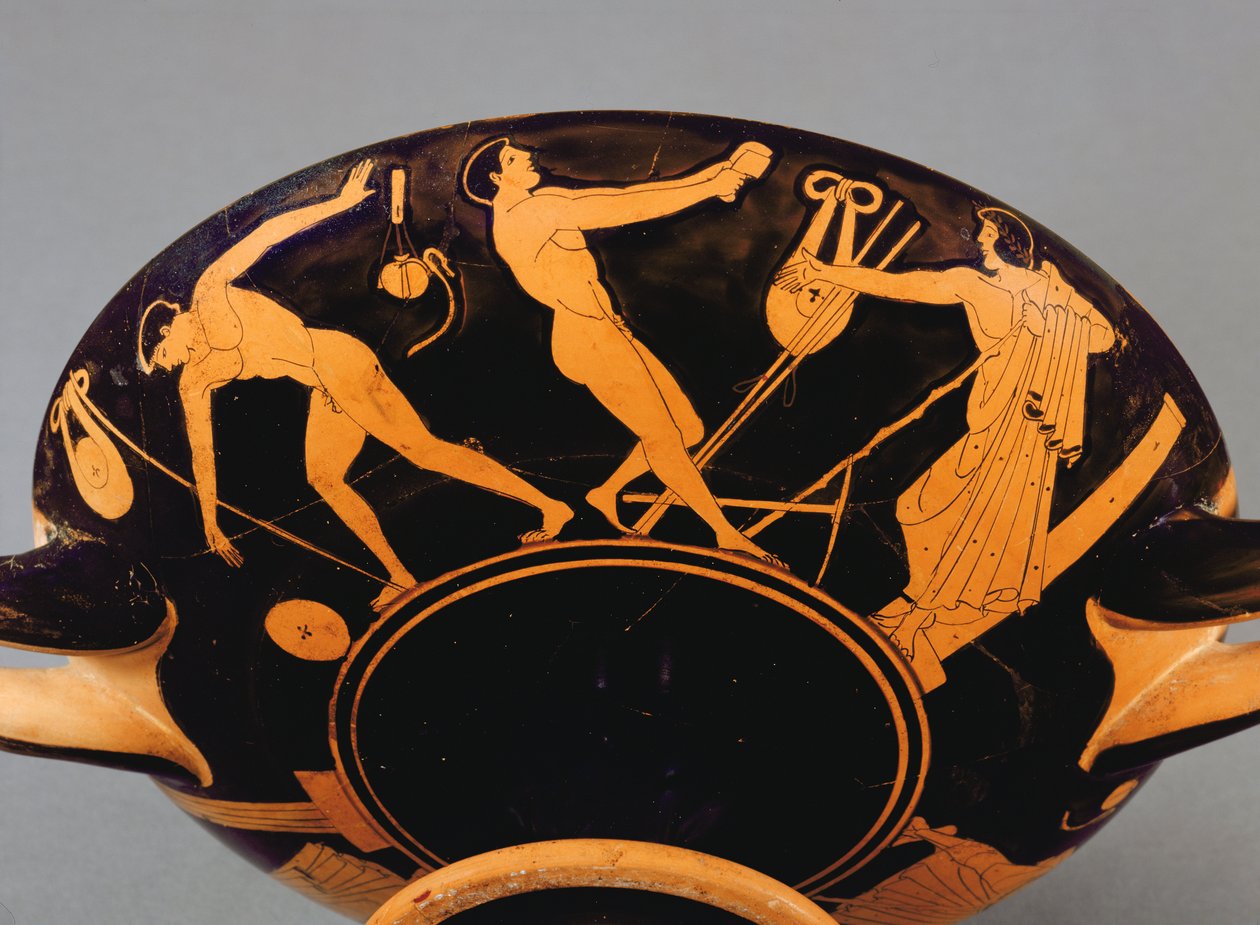 Kylix-kuppi, joka kuvaa urheilijoita ja symposiaateja, noin 480 eKr. (keraaminen) (katso myös 293740) tekijältä Greek