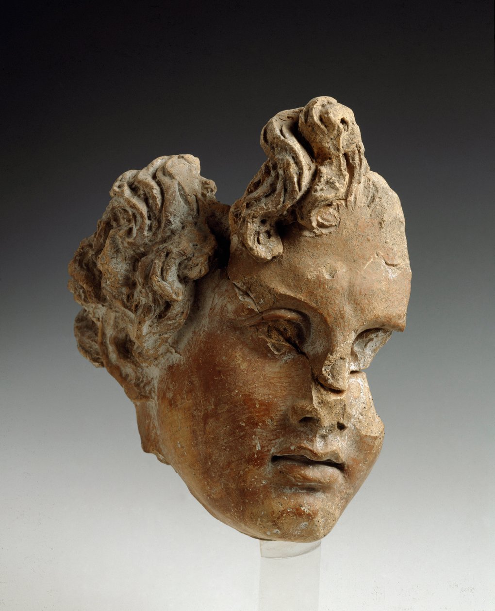 Magna Graecia (Suur-Kreikka): Pään fragmentti; Monte Antennasta (Rooma); 5.-4. vuosisadalla eKr.; Rooma, Villa Giulian museo - Suuren Kreikan taide: pääfragmentti Monte Antennasta (Lazio) 5.-4. vuosisadalta eKr. Villa Giulia Rooman museo tekijältä Greek