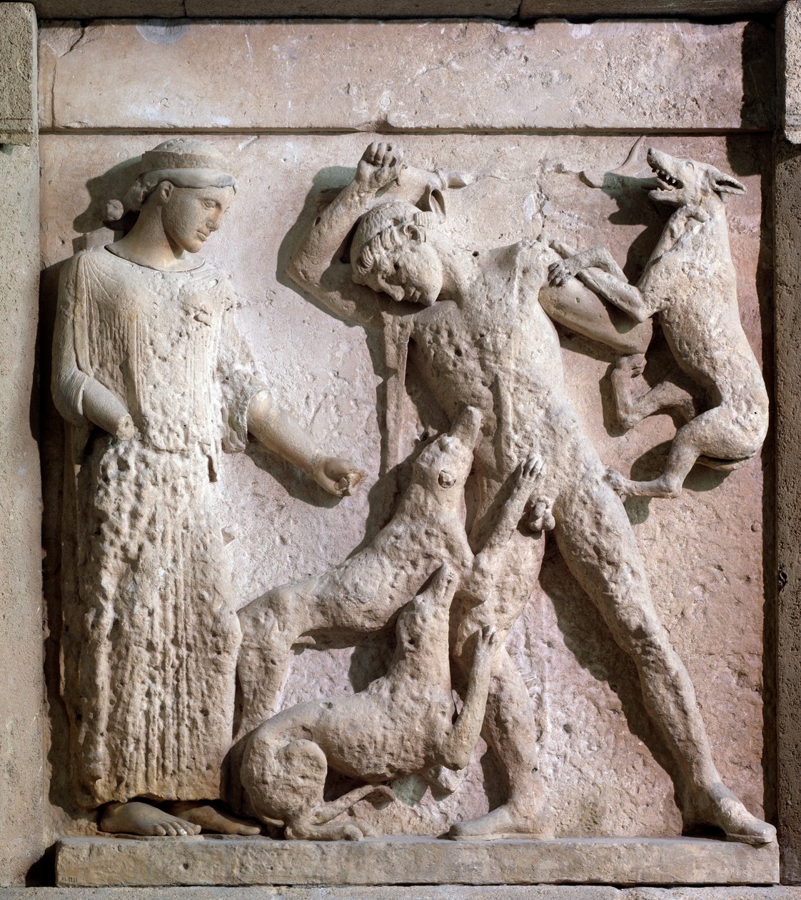 Magna graecia: metooppi Artemiksen ja Actaeonin kanssa, kivirelief, 5. vuosisadalla eKr. tekijältä Greek