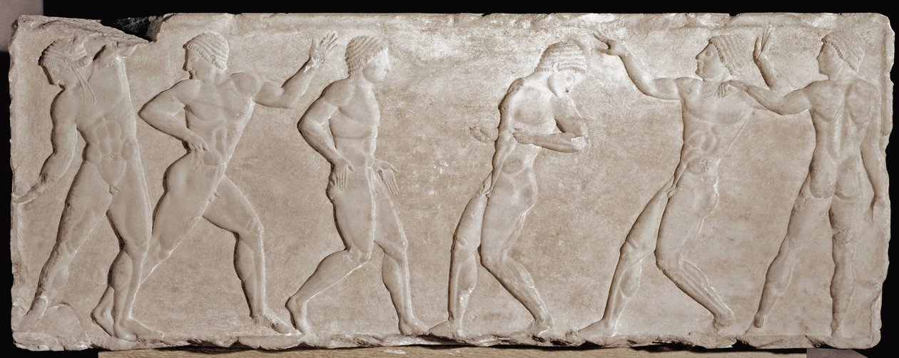 Kuutta urheilijaa edustavan hautauskouron marmoriset helpotussukat. 510-500 eaa. Ateenan akropolilta. Kansallinen arkeologinen museo, Ateena tekijältä Greek