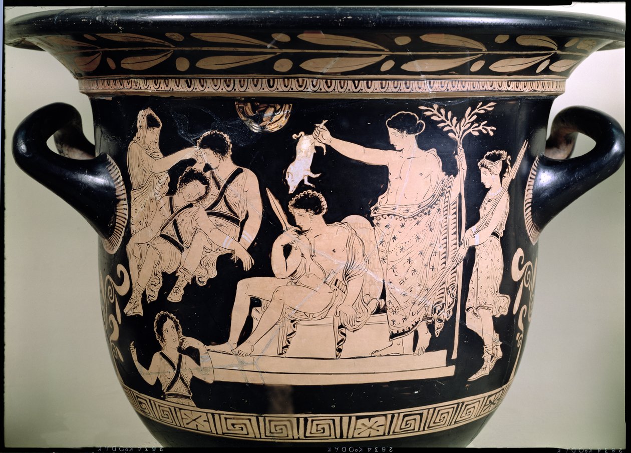 Orestes rukoilijana Apollon pyhäkössä Delfoissa, yksityiskohta attikalaisesta punaisen figuurin kraterista, joka kuuluu Apulian Eumenides Painterin keramiikan yksityiskohtiin 92567. tekijältä Greek