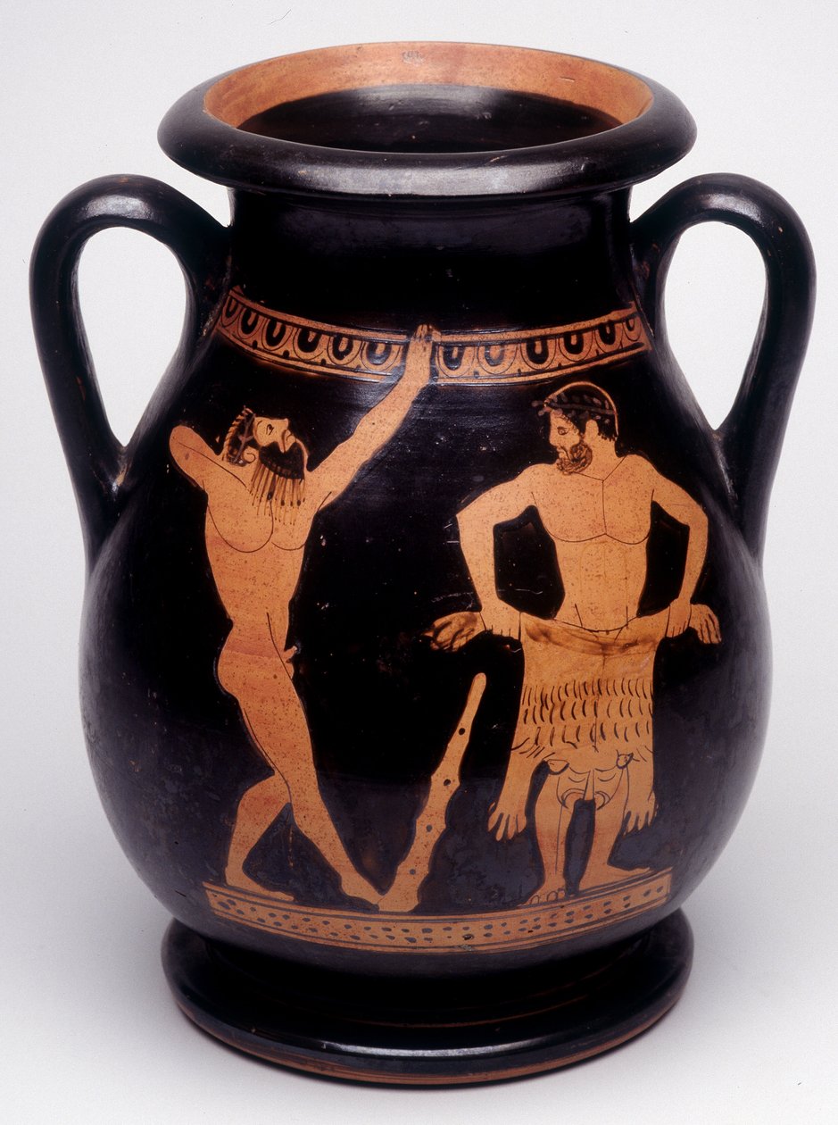 Maalaus maljakossa: Herakles (Hercules) valmistautuu päällystämään leijonan ihoa, hänen vasemmalla puolellaan oleva urheilija lämmittelee. 490 eaa. BNF, mitalitoimisto. tekijältä Greek
