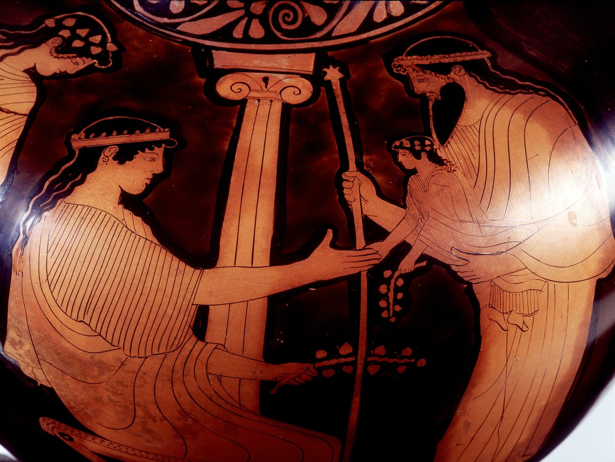 Maljakkomaalaus: Jupiter (Zeus) esittelee nuoren Dionysoksen (Bacco) kahdelle naiselle. 480 eaa. BNF, mitalitoimisto. tekijältä Greek