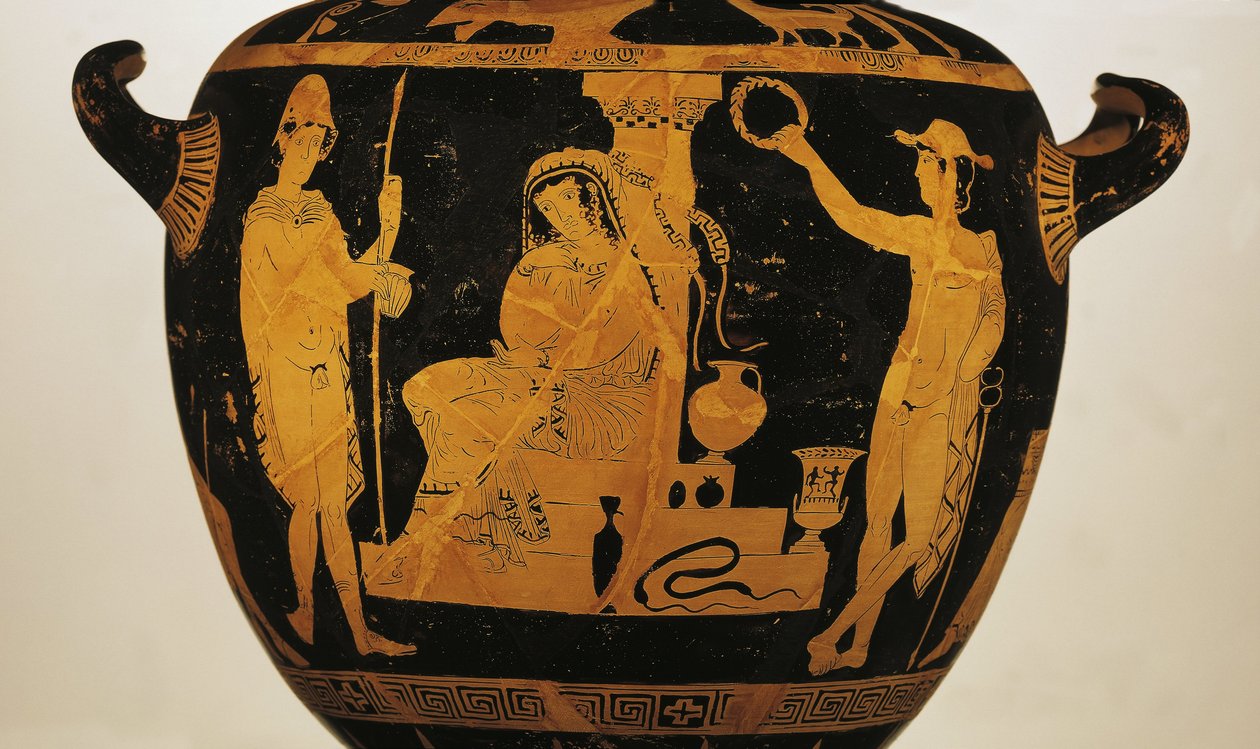 Punainen kraatteri, joka kuvaa Orestesta, Elektraa ja Pyladesia Agamemnonin haudalla (keramiikka) tekijältä Greek
