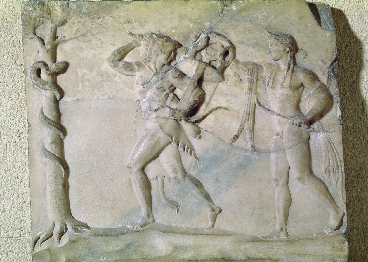 Tabletti, joka esittää Herculesin kantamassa Delphic-jalustaa Apollon (marmori) edessä tekijältä Greek