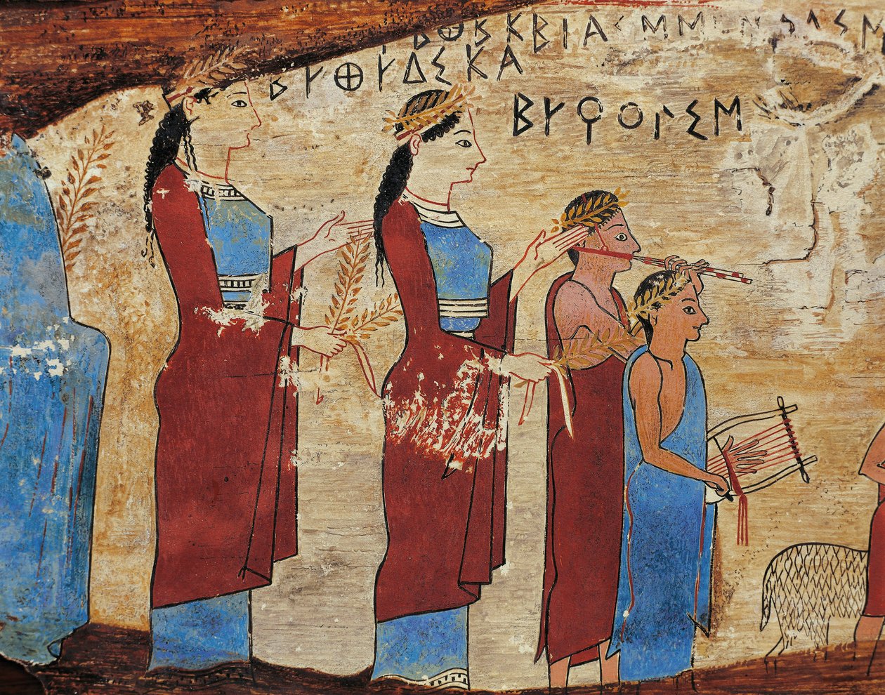 Votiivipaneeli Pitsa-luolasta lähellä Sikyonia, yksityiskohta, kulkue uhrien kantajilla, lyyra- ja huilunsoittajia, kreikkalainen kirjoitus tekijältä Greek