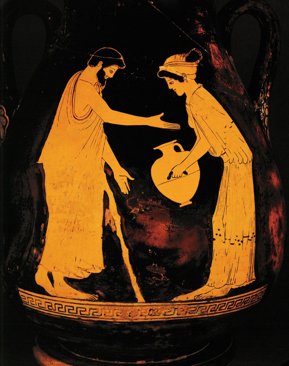Mies kävelykepin kanssa ja nainen, jolla on hydria ... tekijältä Greek Greek