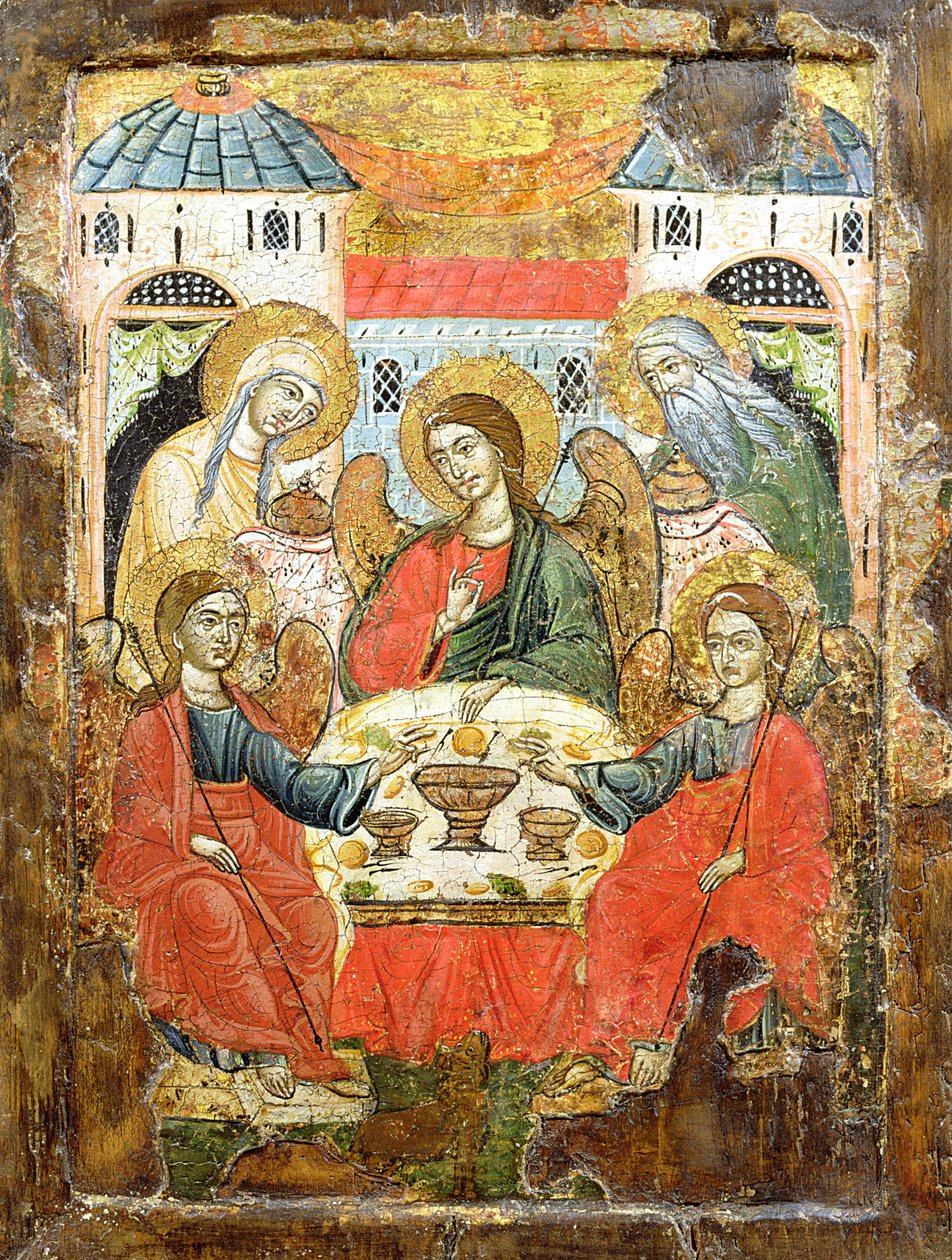 Abraham ja kolme enkeliä, ikoni, Makedoniasta, n. 1700 (tempera paneelissa) tekijältä Greek School