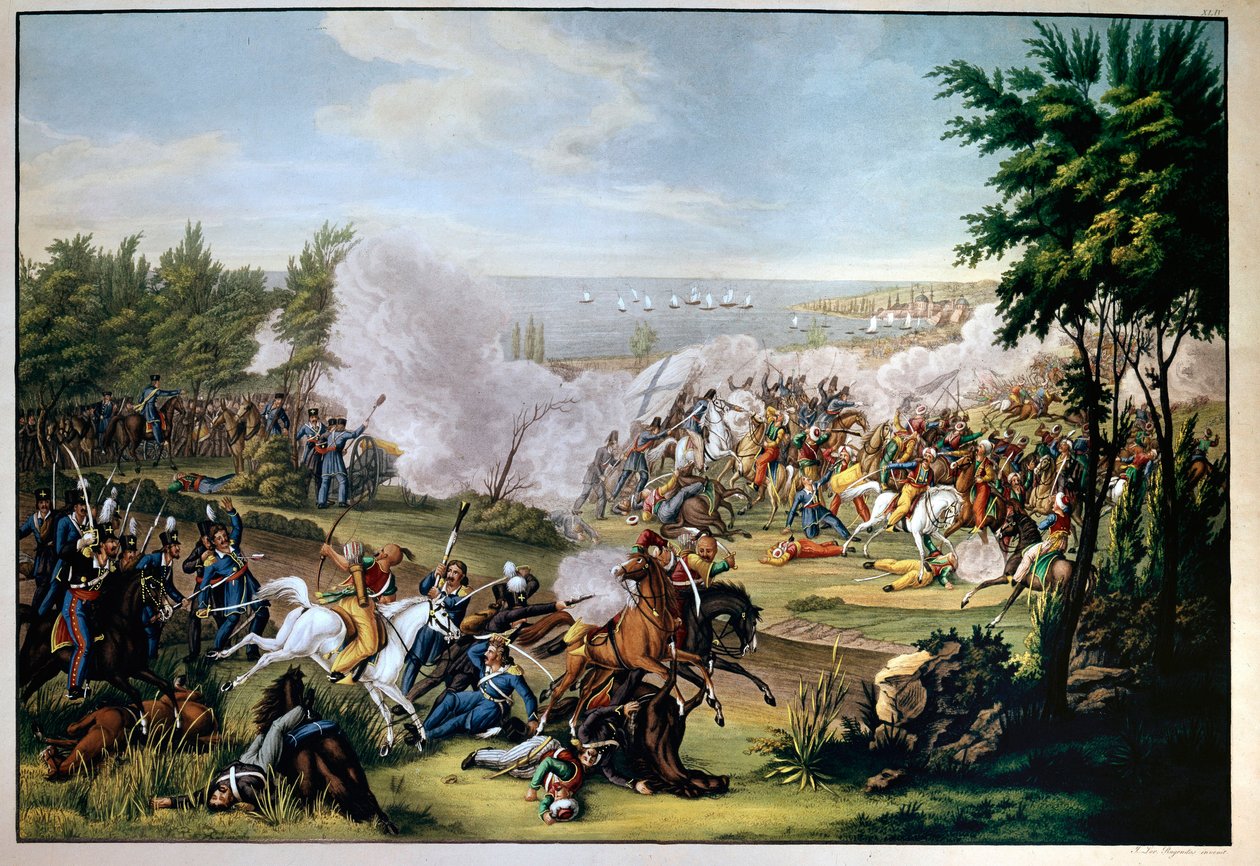 Missolonghin taistelu Kreikassa vuonna 1822, jota puolusti Botzaris, joka kuolee konfliktissa Omar Brionisin turkkilaisia vastaan (kreikkalaisten voitto) (kaiverrus) tekijältä Greek School