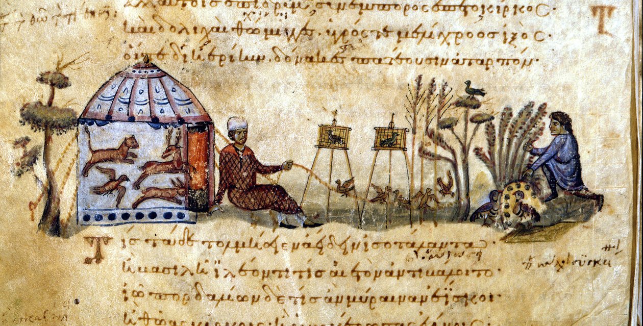 Kutsulinnut - Oppianuksen "Metsästys", kreikkalainen käsikirjoitus 1200-luvulta. Biblioteca Marciana. Venetsia tekijältä Greek School