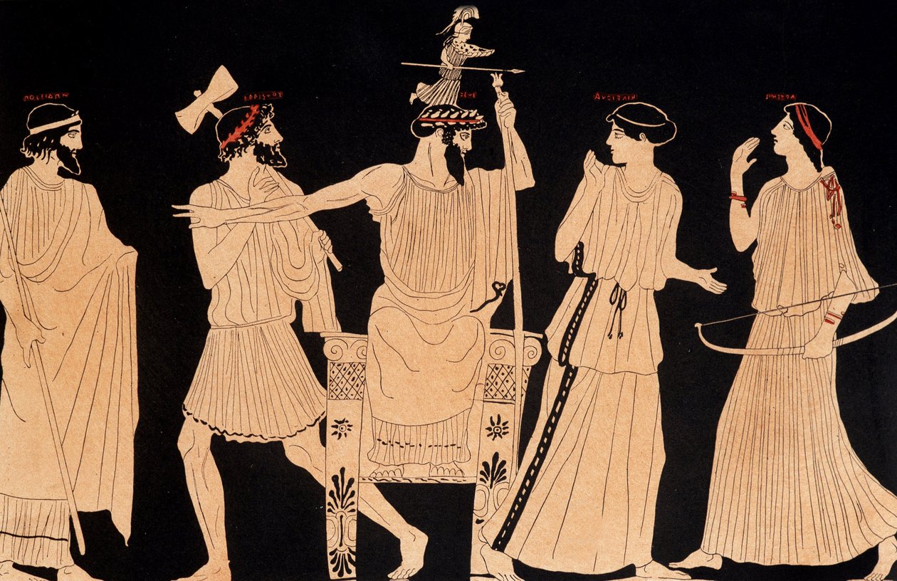 Athenen syntymä tulee Jupiterin (Zeuksen) päästä, Vulcista löydetty maalaus, toim. 20. vuosisata. tekijältä Greek School