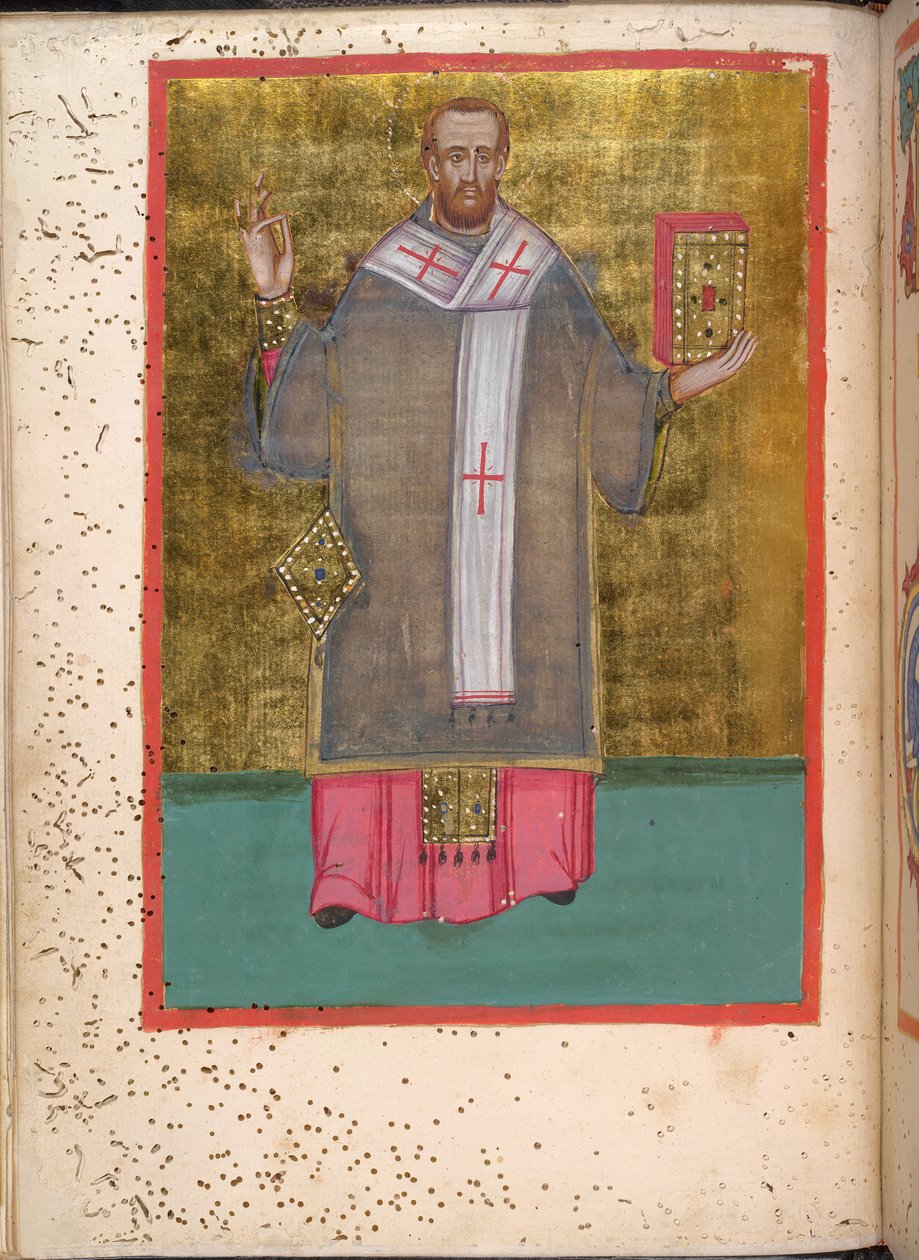 Egerton 2392, f.5v, Miniatyyri seisovasta Johannes Chrysostomosta pitelemässä kirjaa, 
