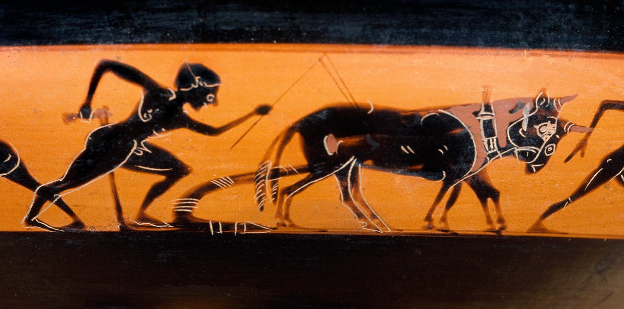 Kenttätyö antiikin Kreikassa. Coupe pentic nauha mustilla hahmoilla tunnetaan nimellä "cut des travaux des champs" (noin 530 eKr.) Paris. Louvren taidemuseo tekijältä Greek School