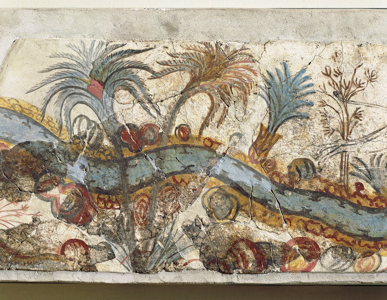 Fresko, joka kuvaa jokimaisemaa, Akrotiri, Thera Island, Santorin, Kreikka, yksityiskohta tekijältä Greek School