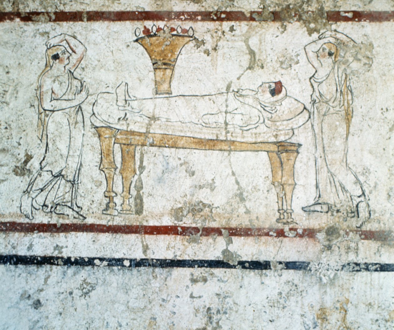 Gaudo Necropolis, Lucanian freskohautamaalaus, joka kuvaa vainajaa kuolinvuoteella, 340 eaa. tekijältä Greek School