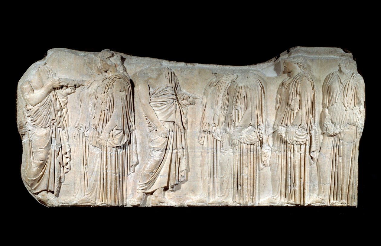 Kreikkalainen taide: fragmentti Parthenonin friisistä: Suurten Panathenees-juhlan kulkue: valtuuttajat ja ergastiinit. Klassinen aikakausi. Pariisi, Louvre-museo tekijältä Greek School