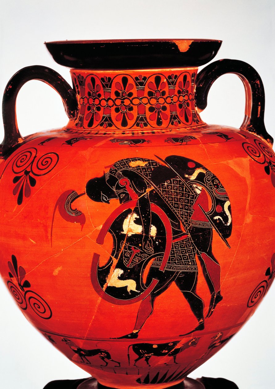 Kreikkalainen sivilisaatio, 6. vuosisadalla eKr. Mustahahmoinen keramiikka. Amphora, joka kuvaa Ajaxia kantamassa Akilleksen ruumista. tekijältä Greek School