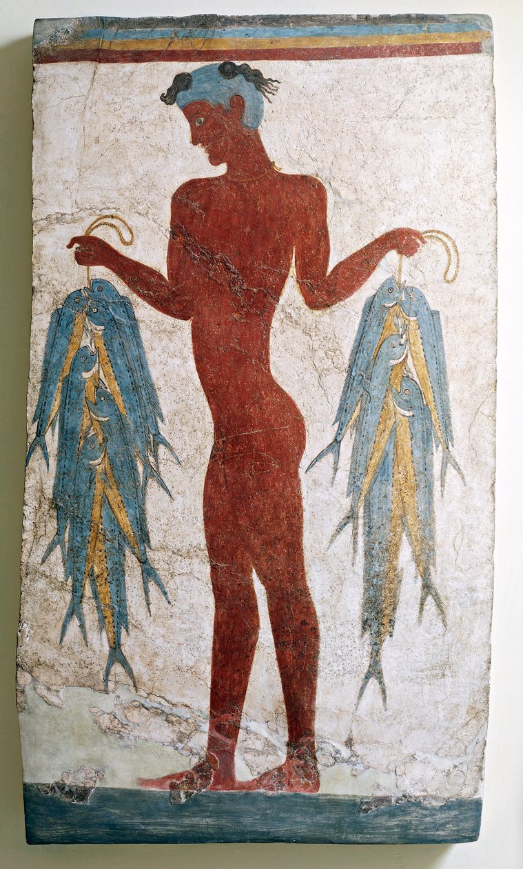 Kreikkalainen sivilisaatio, kalastajaa kuvaava fresko, Akrotiri, Thera, Santorini, Kreikka tekijältä Greek School
