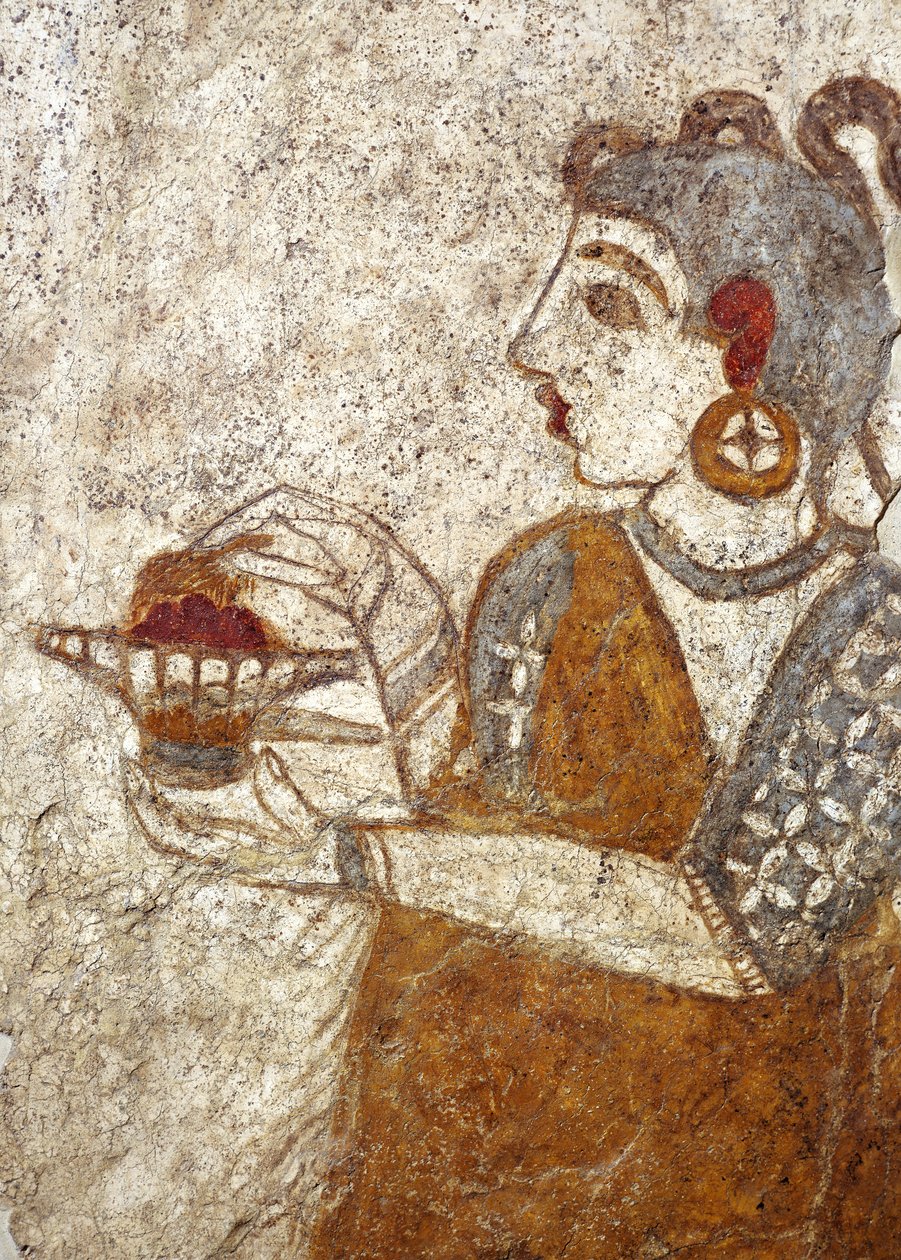 Kreikkalainen sivilisaatio, fresko, joka kuvaa pappitar suitsuketta polttamassa, Akrotiri, Thera Island, Santorini, Kreikka tekijältä Greek School