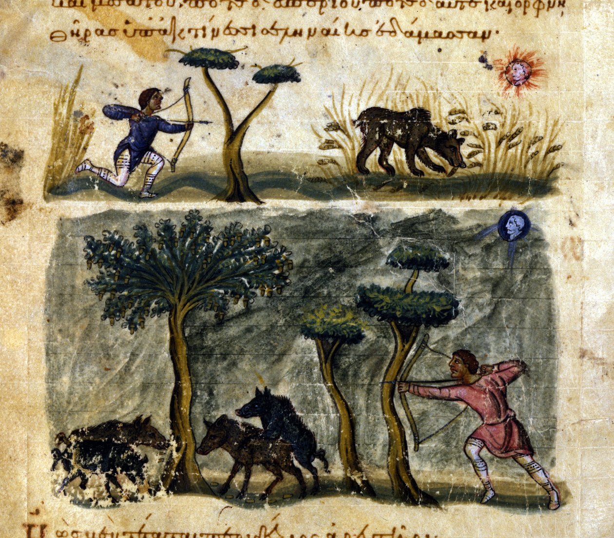 Metsästys villisikaa 1200-luvun Oppianus De Venationen kreikkalaisen käsikirjoituksen mukaan. tekijältä Greek School