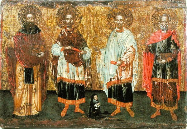 SS:tä kuvaava kuvake. Cosmas ja Damian (öljy paneelissa) tekijältä Greek School
