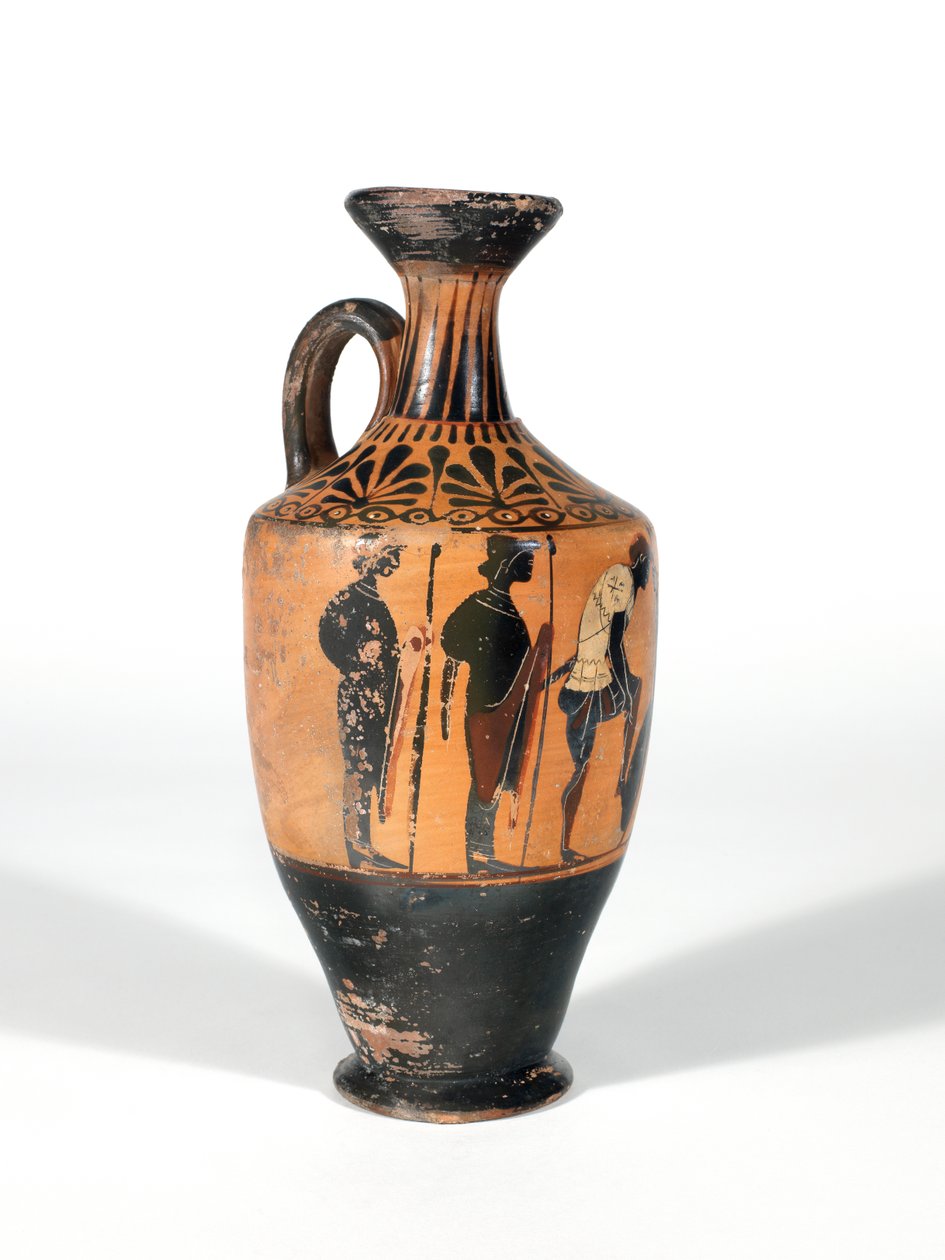 Lekythos, taisteluun aseistautuvat soturit, 510-500 eaa. tekijältä Greek School