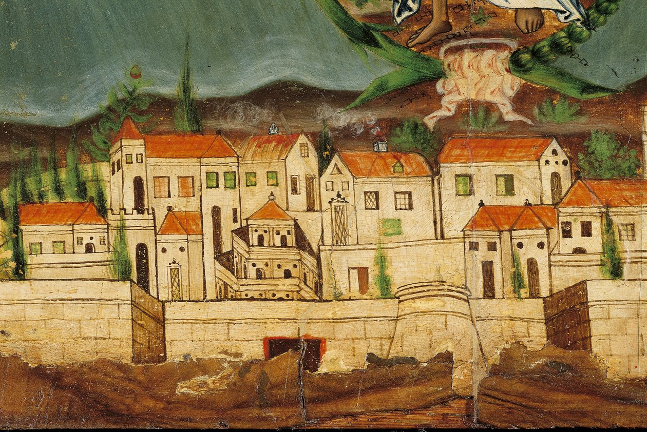 Kreikan uudestisyntymistä kuvaava helmi, yksityiskohta Konstantinopolin alueelta, Syrosilta, Kykladeilta (munan tempera puulla) tekijältä Greek School