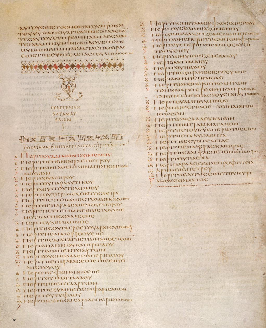 Taulukko Kephalaiasta, Pyhän Markuksen evankeliumi, "Codex Alexandrinuksesta" (vellum) tekijältä Greek School