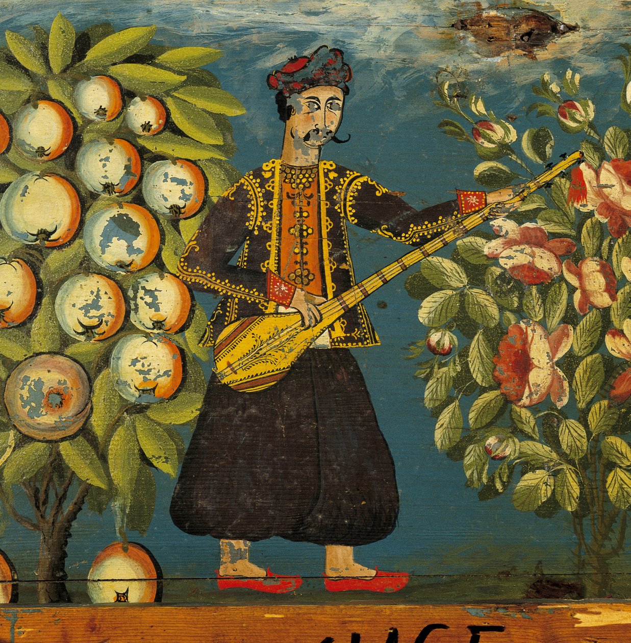 Yksityiskohta muusikosta arkusta, Mytilinistä, Lesboksesta, 1700-1800-luku (munan tempera puulla) tekijältä Greek School