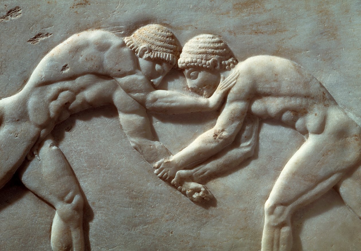 Urheilijoiden välinen kilpailu, helpotus Kerameikosin hautausmaasta Ateenassa, Kreikassa, yksityiskohta, kreikkalainen sivilisaatio, 6. vuosisata eKr. tekijältä Greek School