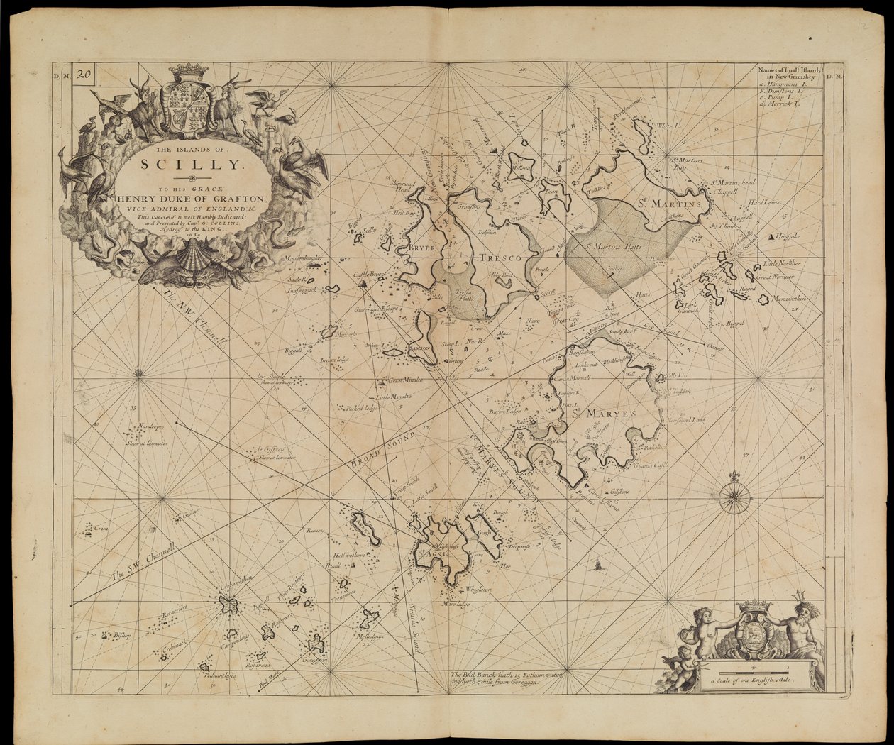 Scillysaarten kartta, noin 1693 (painettu). tekijältä Greenvile Collins