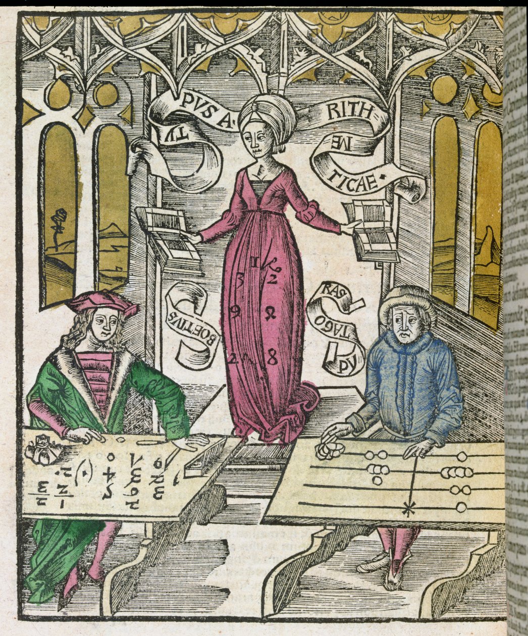 Aritmeettisen allegooria Gregor Reischin teoksesta "Margarita Philosophica", 1503 tekijältä Gregor Reisch