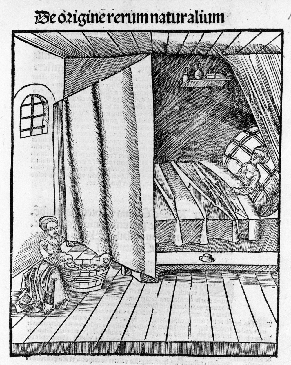 Kätilö siivoaa vastasyntyneen vauvan äidin lepääessä. Kaiverrus - Gregor Reischin (1467-1525), Baselin kirjassa "" Margarita Philosophica" tekijältä Gregor Reisch