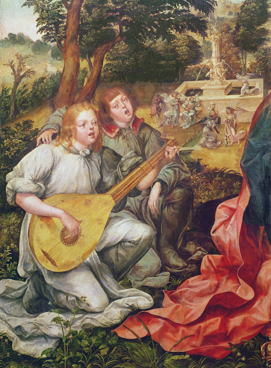 Neitsyt ja lapsi enkelien kanssa, enkelimuusikoiden yksityiskohta, 1536-38. tekijältä Gregorio Lopez