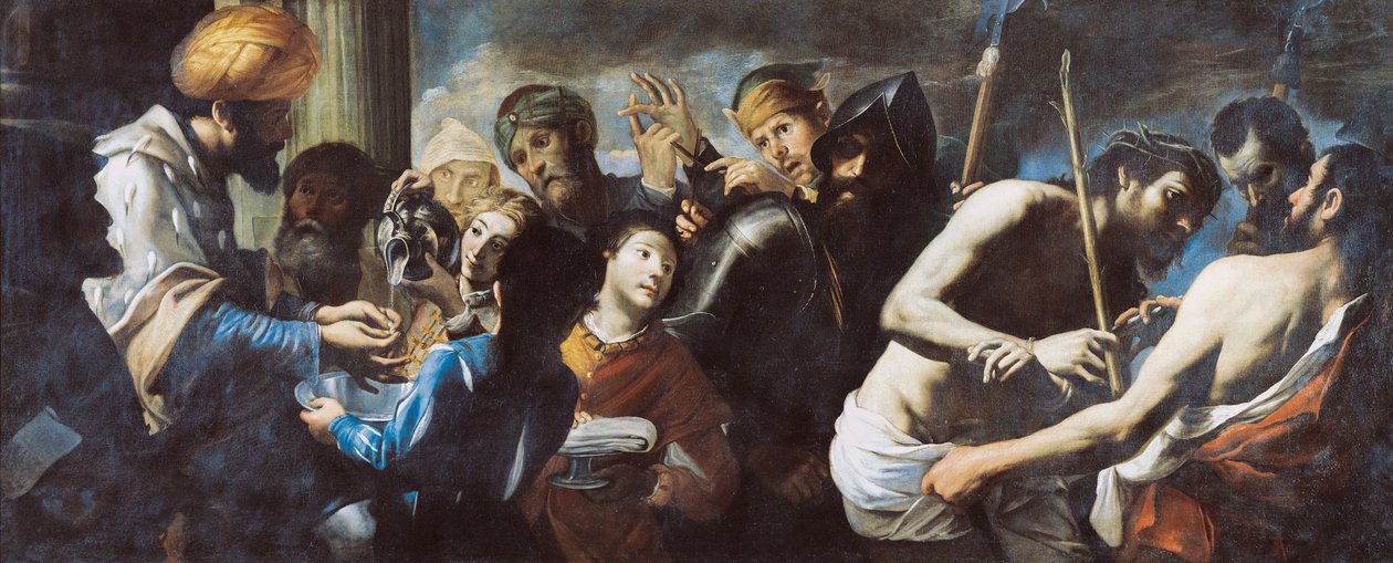 Pilatus pesee kätensä Kristus Pilatuksen edessä n. 1640. tekijältä Gregorio Preti