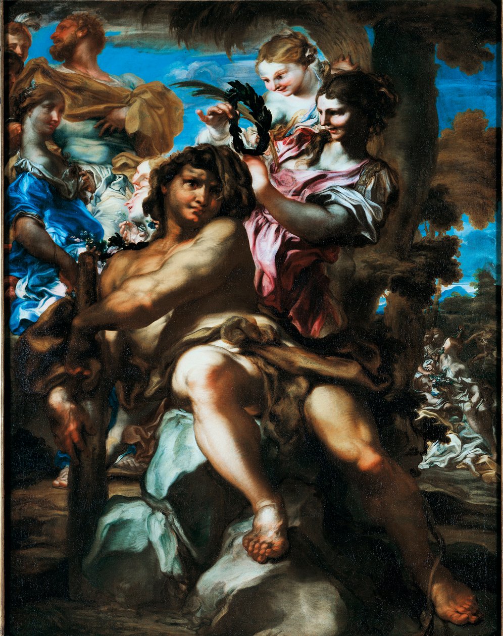 Herkules tervetullut Olympukseen Edustus Herkuleen apoteoosista (Herakles) tervetullut Olympuksen jumalien joukkoon, se on laakereiden kruunu. Gregorio De Ferrarin (1647-1726) maalaus Yksityinen kokoelma tekijältä Gregorio De Ferrari