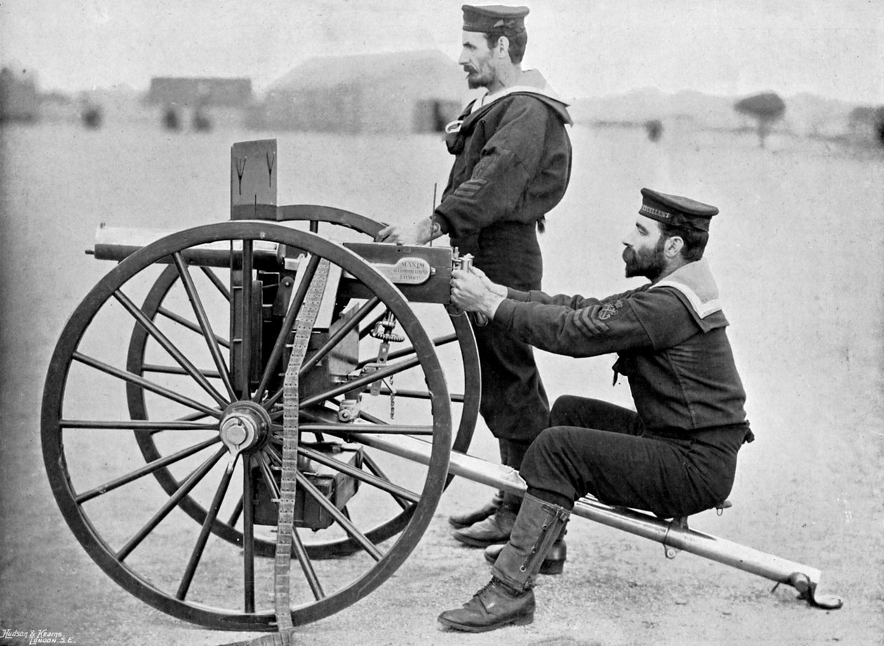 Royal Navy Maxim -aseharjoitus Whale Islandilla, Portsmouth, Hampshire, 1896. tekijältä Gregory and Co