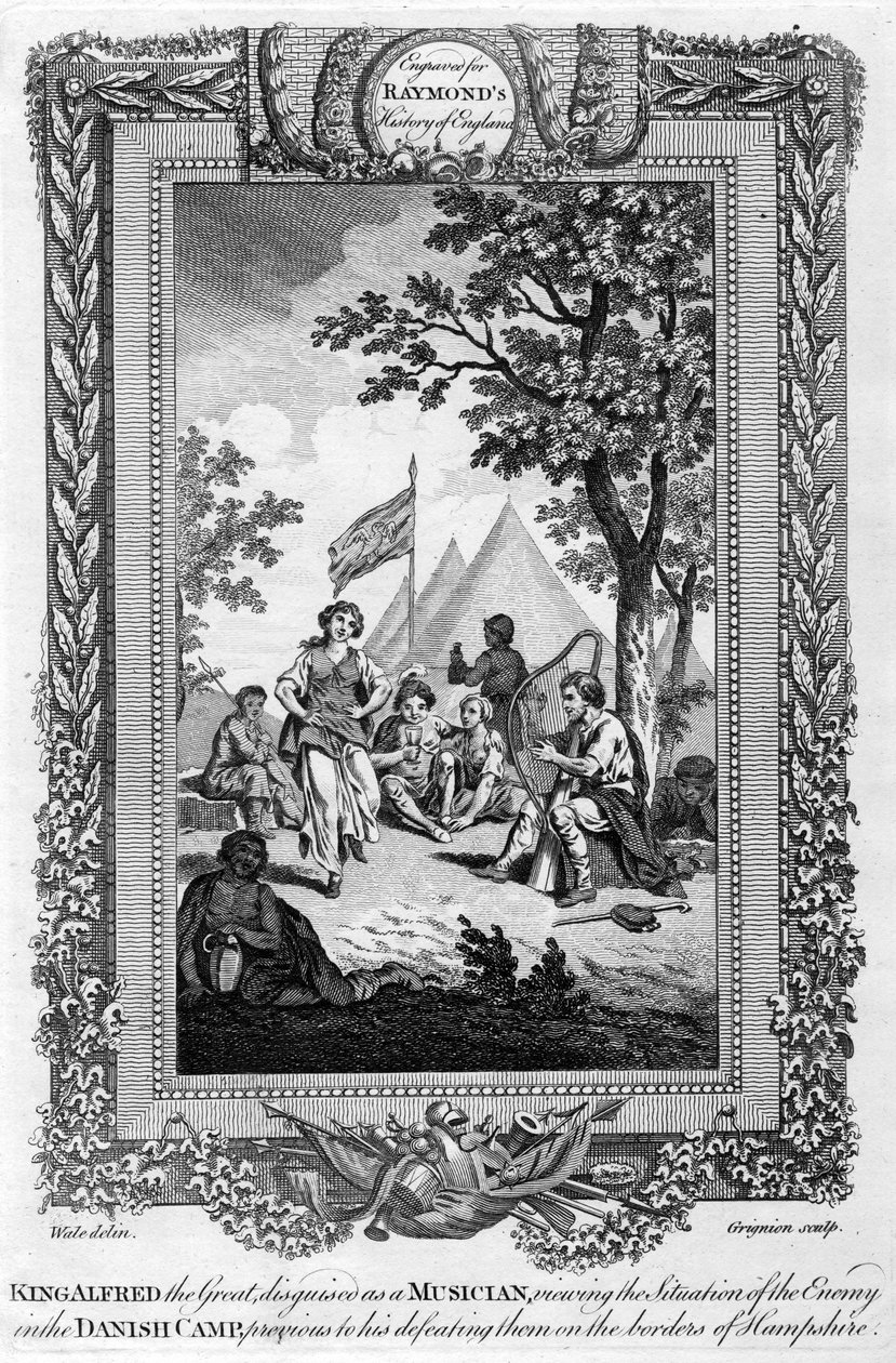 "Kuningas Alfred Suuri, muusikoksi naamioitunut...", 1800-luku. tekijältä Grignion