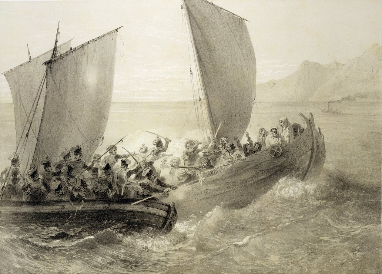 Azovin kasakat nousemassa turkkilaiseen korsaariin, joka on täynnä tšerkeskin naisia Mustanmeren rannikolla, kaiverrukset Adolphe Bayot (1810-66) ja Leon Sabatier (fl.1827-87) pub. kirjoittanut Alfred Leon Lemercier, 1847 ( tekijältä Grigori Grigorevich Gagarin