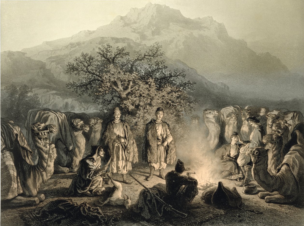 Armenian kauppiaiden karavaani, Transkaukasia, levy 33 Kaukasusta käsittelevästä kirjasta, kaiverrettu Fortune Ferogio (1805-88), julkaisija Alfred Leon Lemercier, Pariisi, 1847 tekijältä Grigori Grigorevich Gagarin