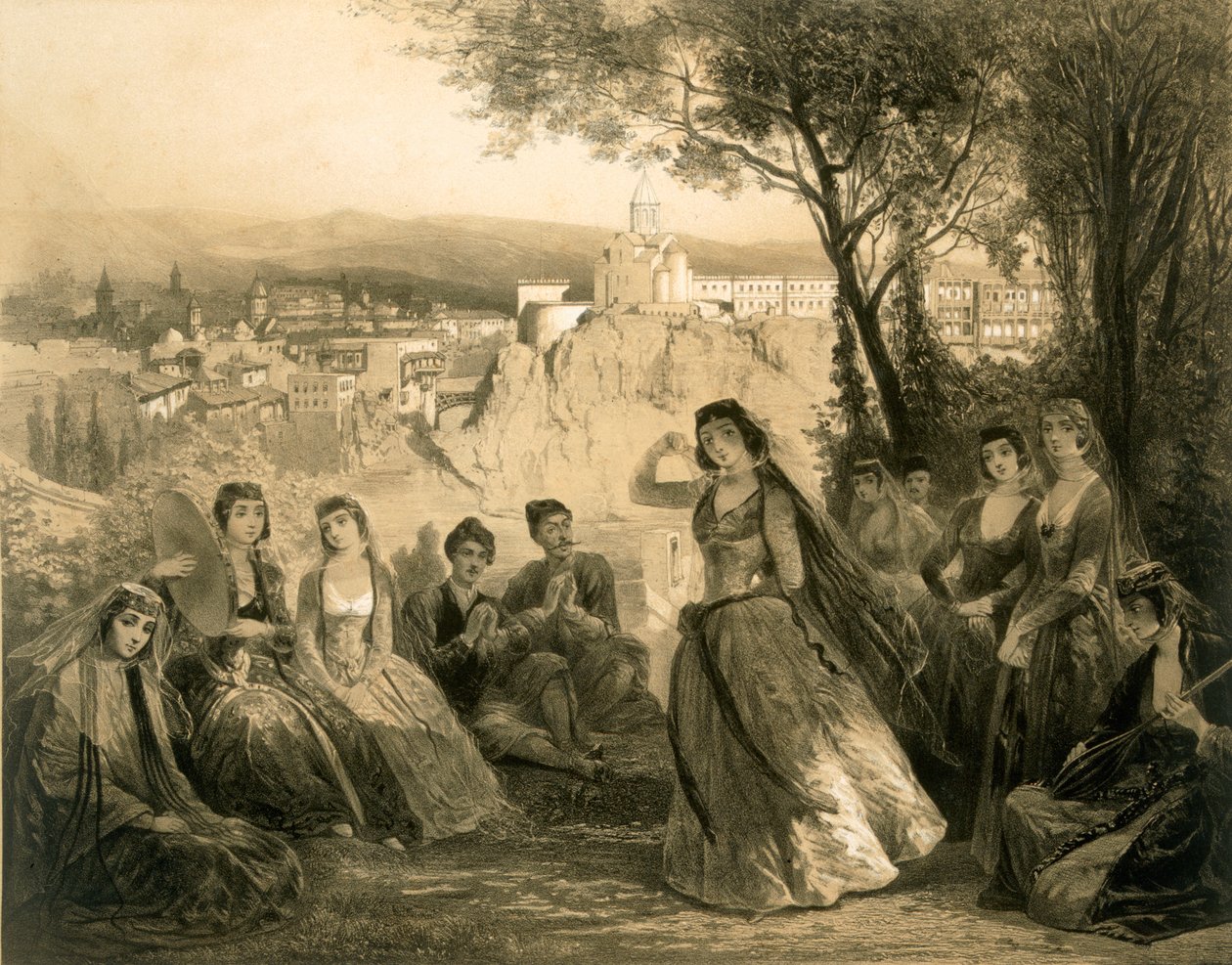 Puutarha lähellä Tiflisiä, Georgia, levy 27 Kaukasusta käsittelevästä kirjasta, julkaisija Alfred Leon Lemercier, Pariisi, 1847 tekijältä Grigori Grigorevich Gagarin