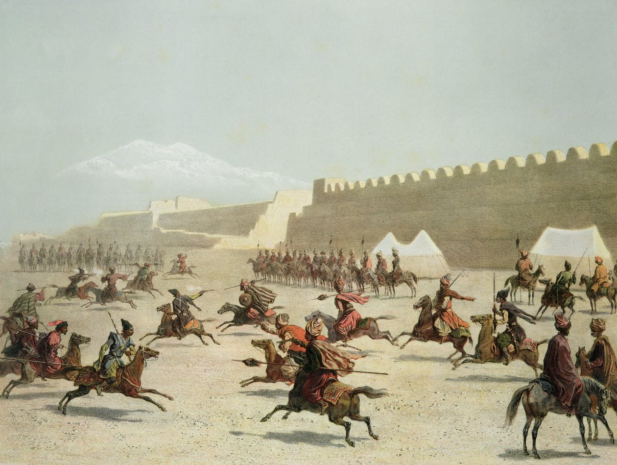 Kurdi- ja tatarisotilaat Sadar Abbatissa Armeniassa, levy 15 Kaukasusta käsittelevästä kirjasta, Rayot ja Jacottet, julkaisija Alfred Leon Lemercier, Pariisi, 1847 tekijältä Grigori Grigorevich Gagarin