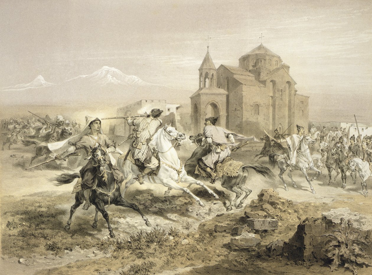 Persialaisten ja kurdien kahakka Armeniassa, levy 13 Kaukasusta käsittelevästä kirjasta, kaiverrettu Adolphe Jean-Baptiste Bayot (1810-66), julkaisija Alfred Leon Lemercier, Pariisi, 1847 tekijältä Grigori Grigorevich Gagarin